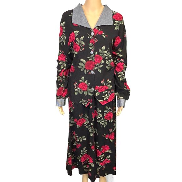 Vintage‎ Jessica Scott Woman Womens 22W Black Red Floral Blouse & Skirt Set - Picture 1 of 11